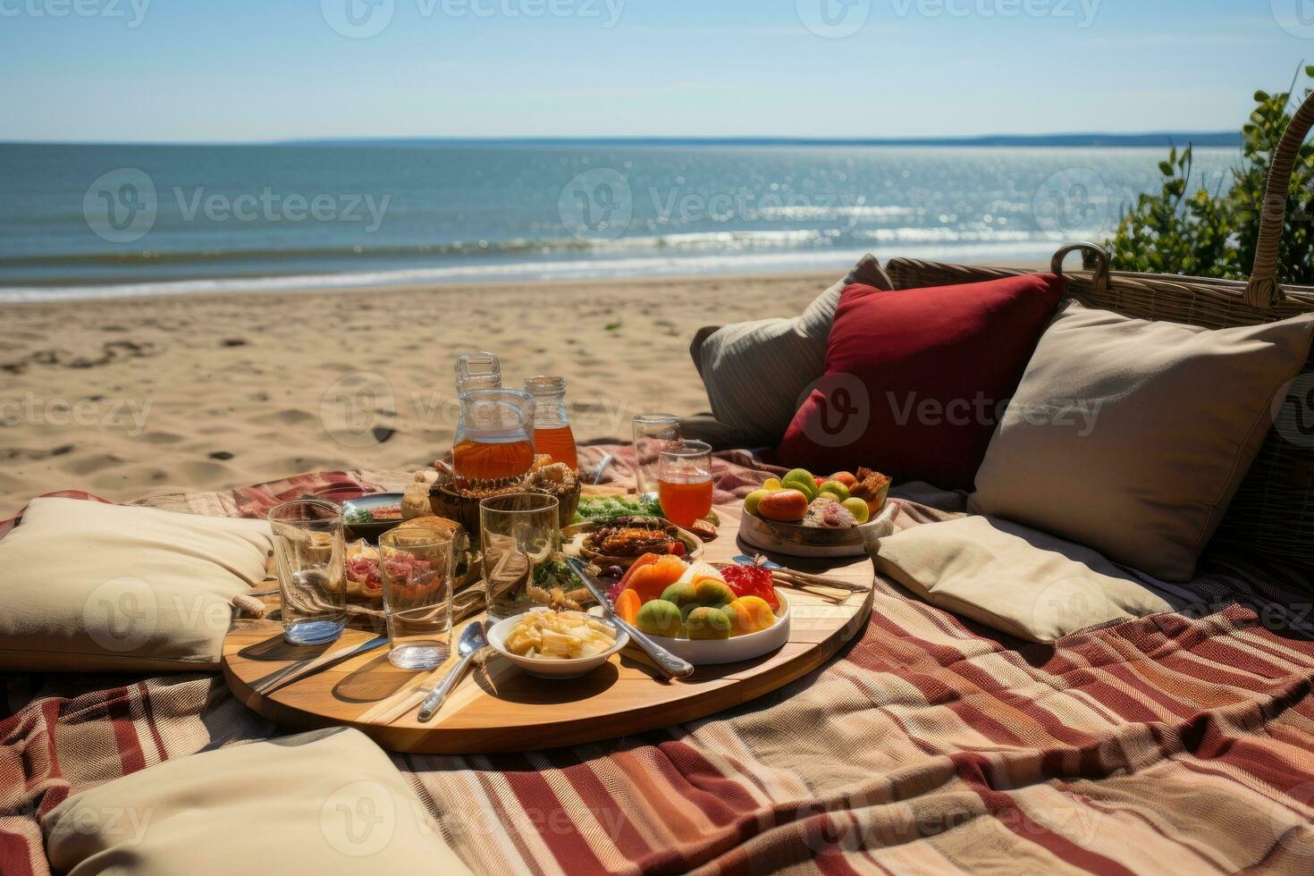 Picknick auf das Teppich Strand Aussicht Fachmann Werbung Fotografie ai generiert foto