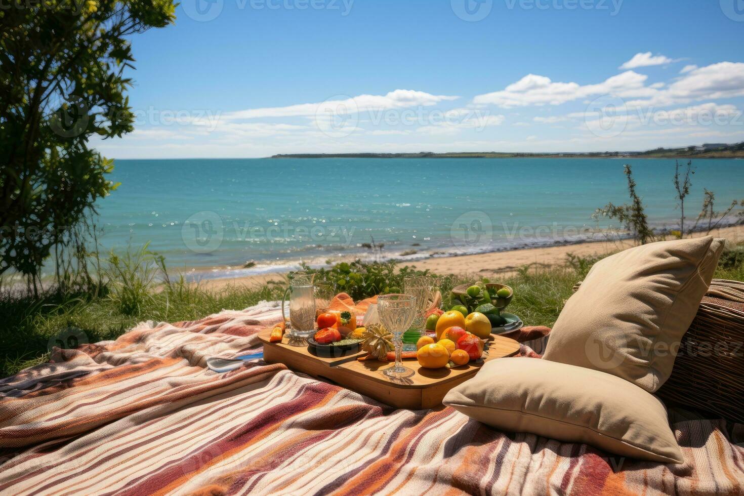 Picknick auf das Teppich Strand Aussicht Fachmann Werbung Fotografie ai generiert foto