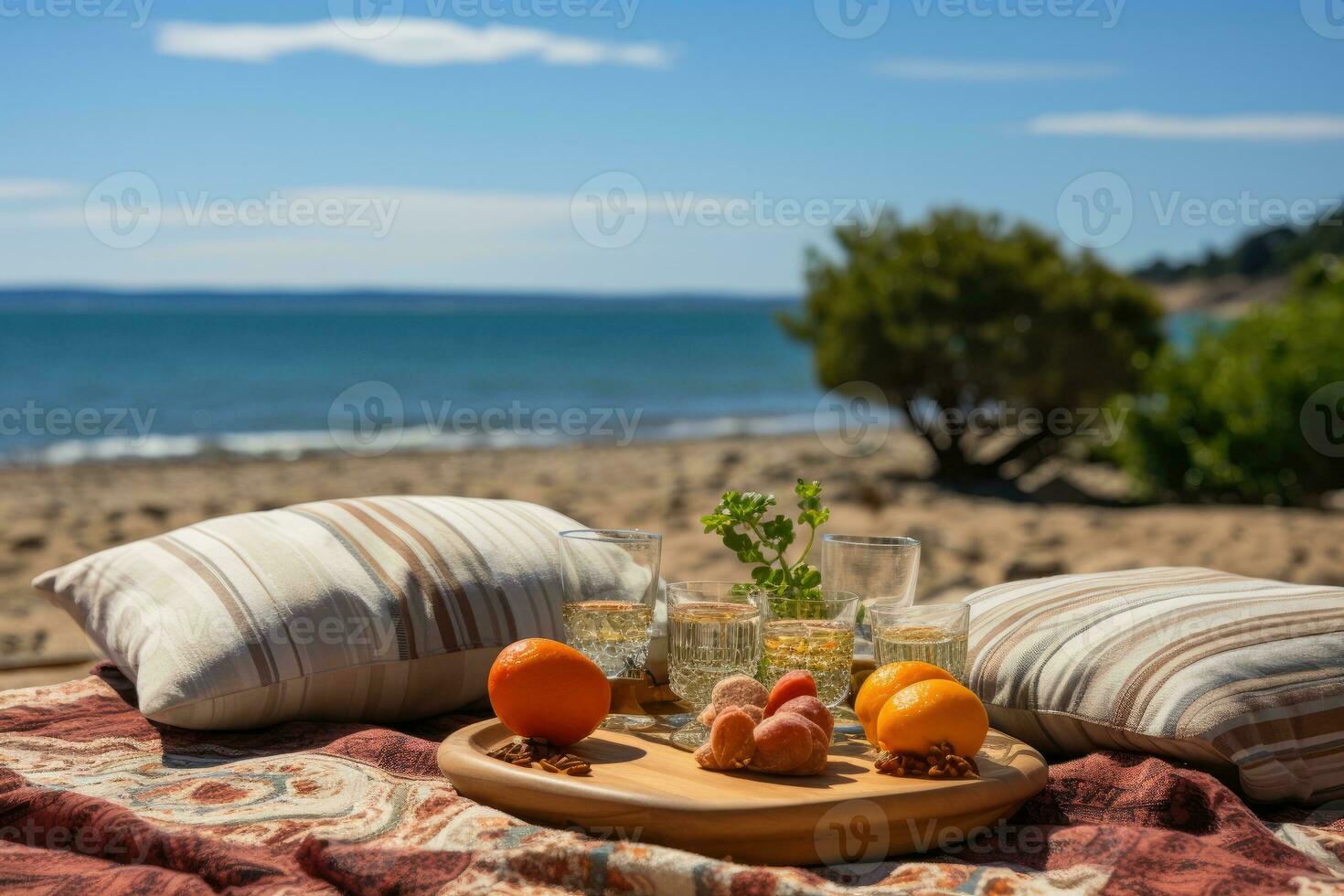 Picknick auf das Teppich Strand Aussicht Fachmann Werbung Fotografie ai generiert foto