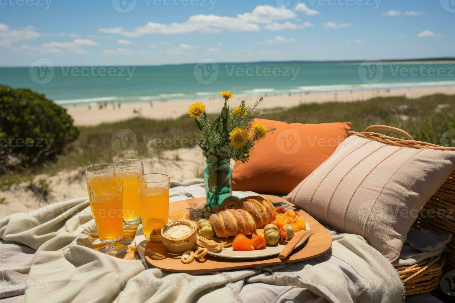 Picknick auf das Teppich Strand Aussicht Fachmann Werbung Fotografie ai generiert foto