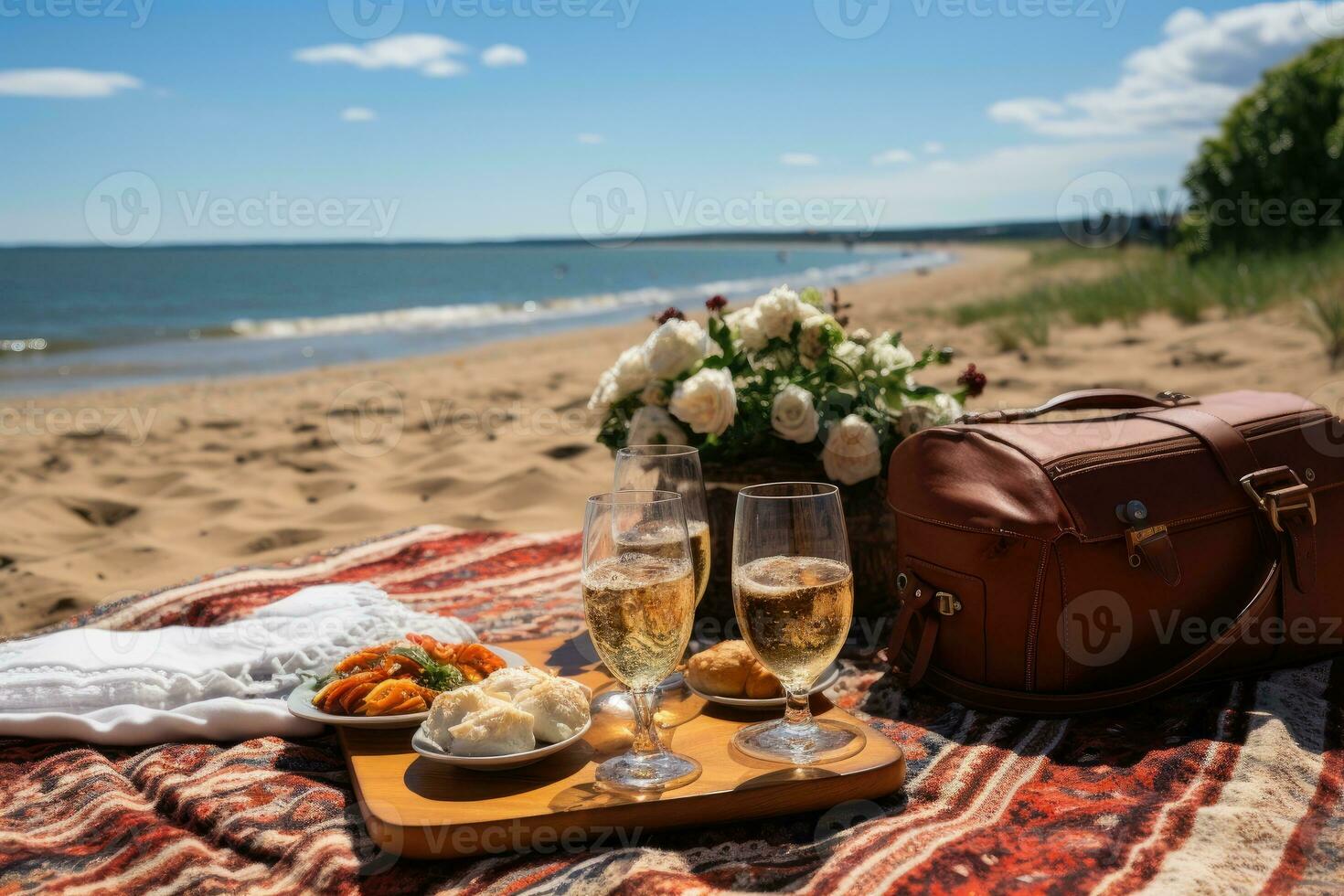 Picknick auf das Teppich Strand Aussicht Fachmann Werbung Fotografie ai generiert foto