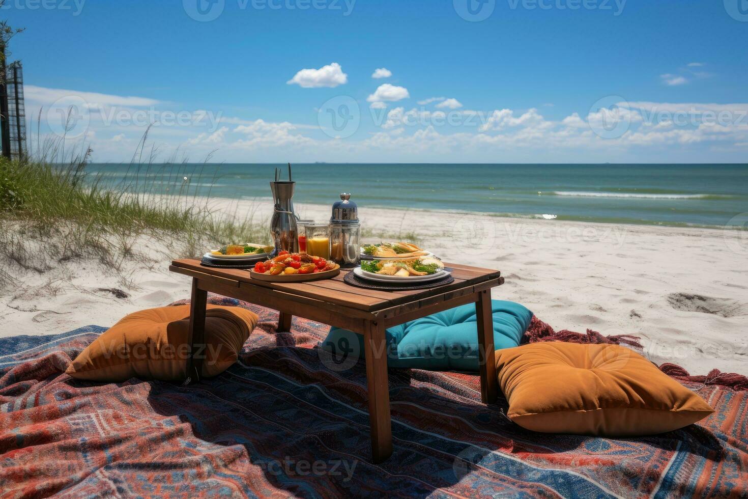 Picknick auf das Teppich Strand Aussicht Fachmann Werbung Fotografie ai generiert foto