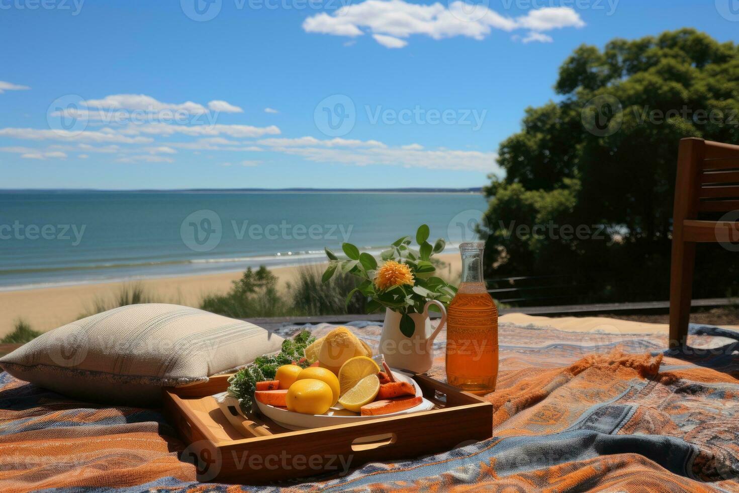 Picknick auf das Teppich Strand Aussicht Fachmann Werbung Fotografie ai generiert foto