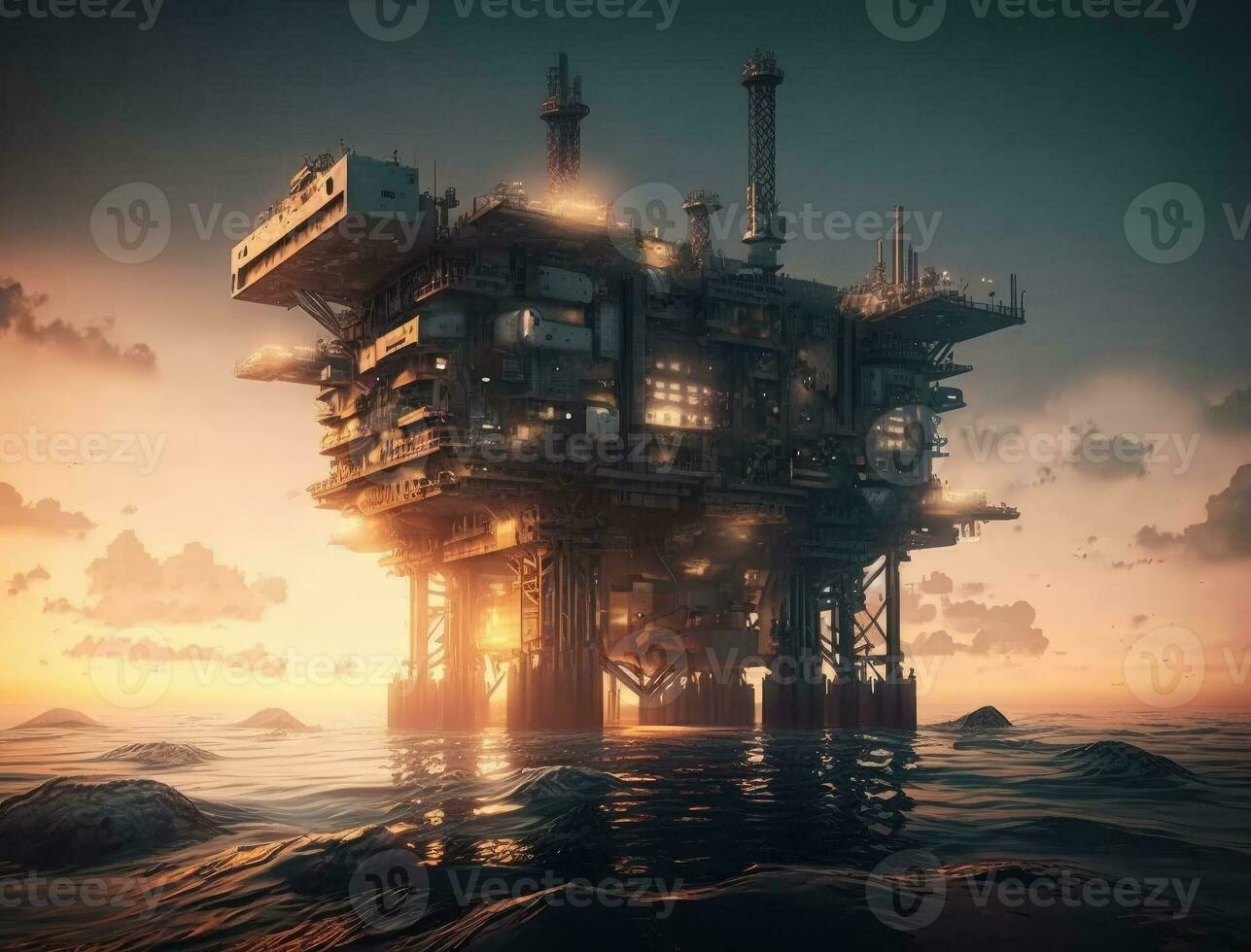 Panorama Aussicht von Off-Shore Öl und Gas wird bearbeitet Plattform im Sonnenuntergang Zeit, Konzept von Erkundung und Petroleum Produktion Industrie im das Meer. generativ ai foto