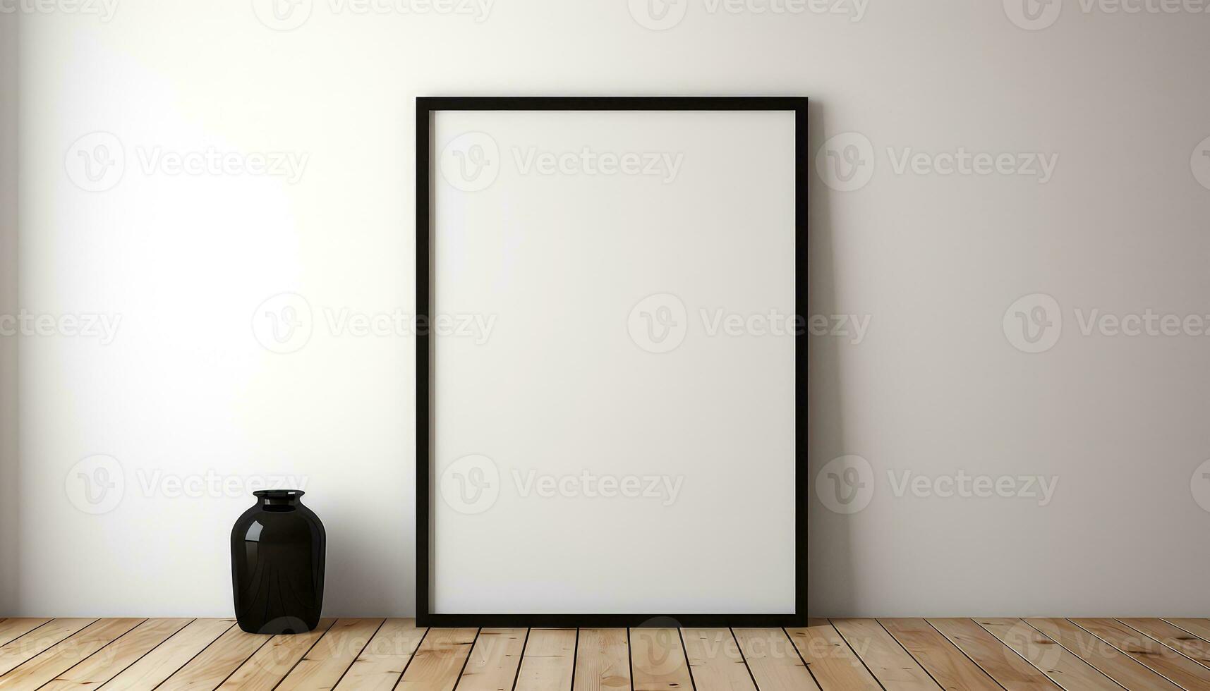 schwarz Rahmen auf hölzern Fußboden Kennzeichen Gertler Stil mit minimalistisch schonen Einfachheit ai generiert foto