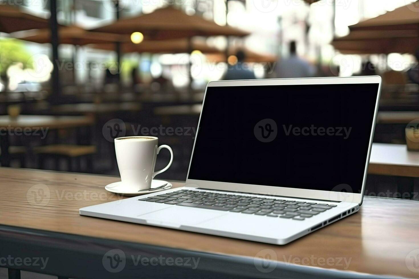 Attrappe, Lehrmodell, Simulation Bild von ein Laptop mit leer Bildschirm auf hölzern Tabelle im modern Kaffee Geschäft. generativ ai foto