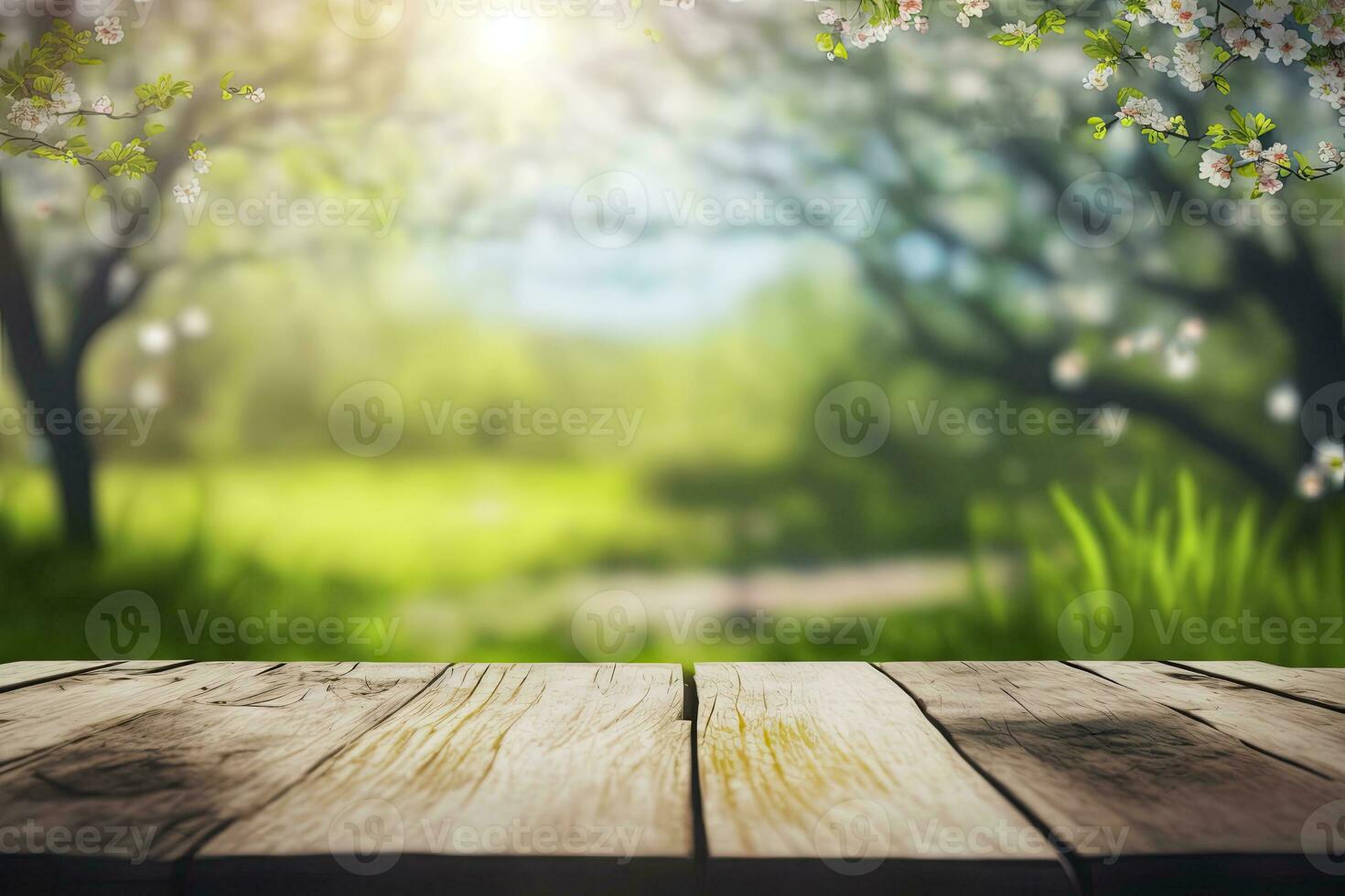 Frühling Tisch. Blüten im sonnig Garten mit defokussiert Beleuchtung. Holz Tabelle mit Rosa Kirsche blühen Blume. generativ ai foto