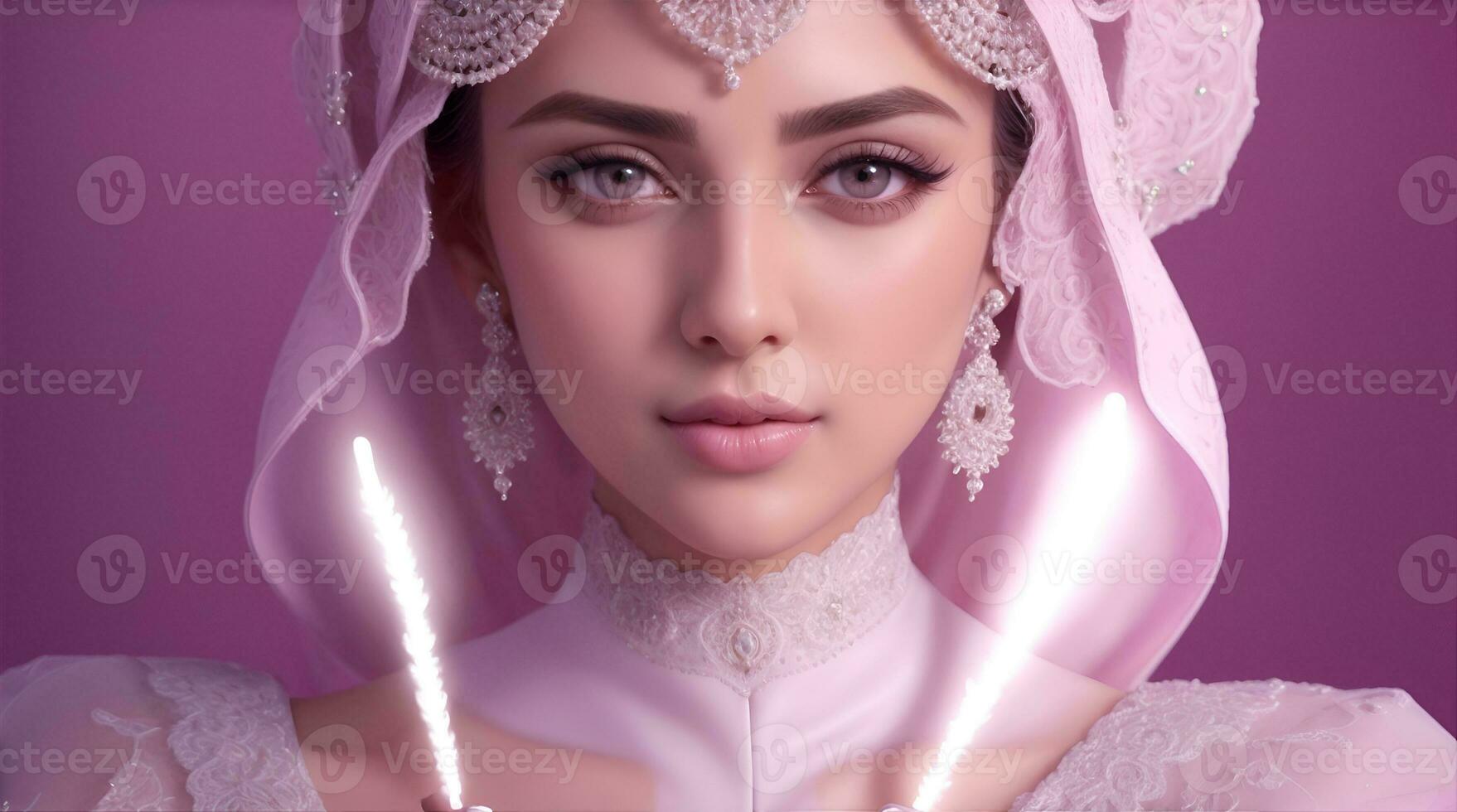 schön Mädchen Saudi Arabien aussehen mit Rosa Kleid, ai generativ foto