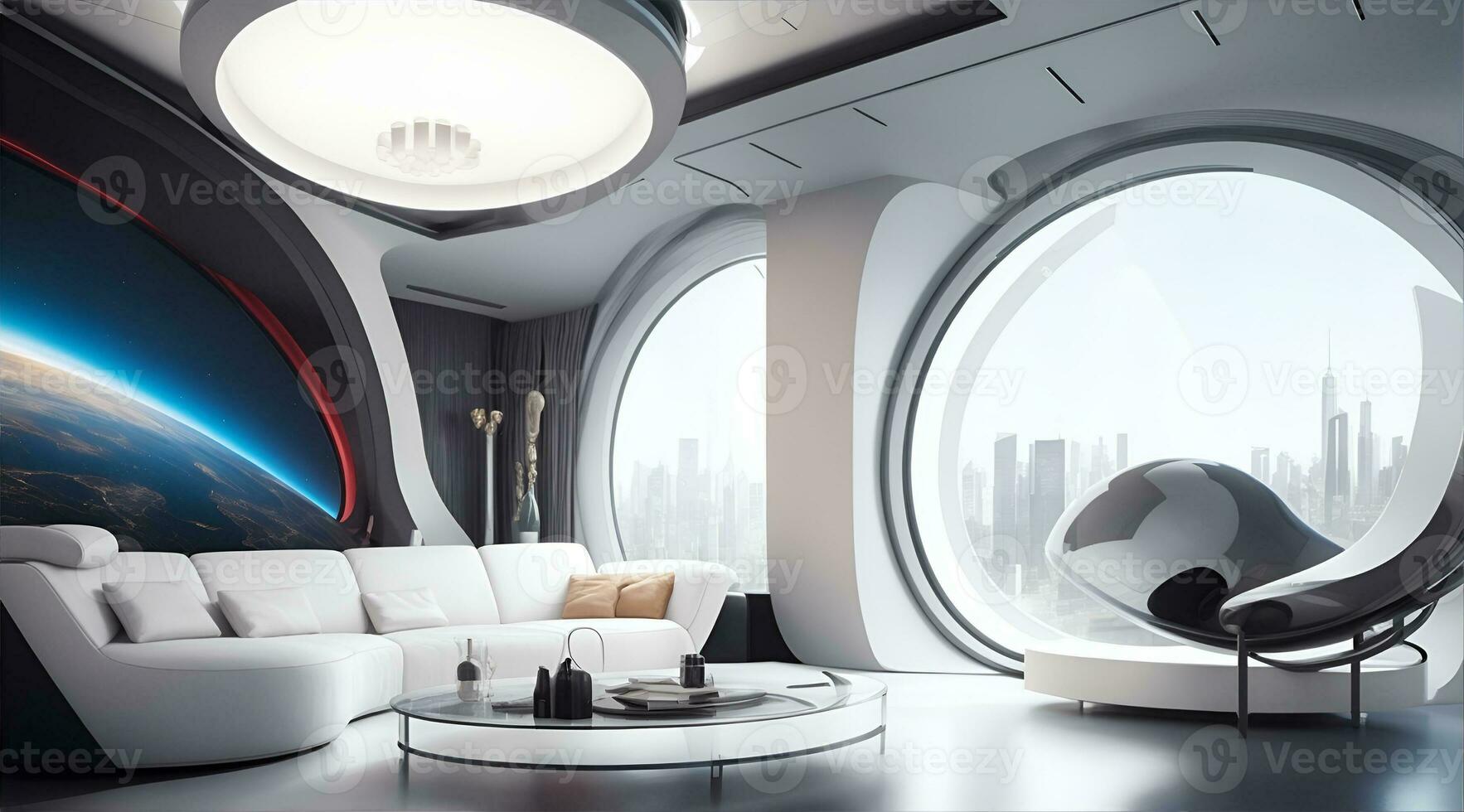 futuristisch hoch Technik Luxus Cyberpunk sci fi Leben Zimmer modern Innere Schlafzimmer, ai generativ foto