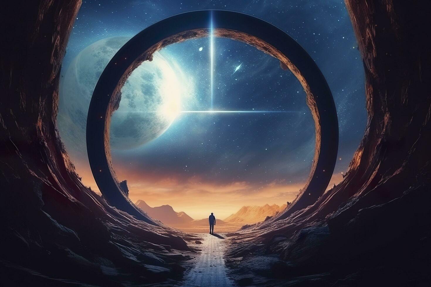 Portal zu Ein weiterer Welt. futuristisch kosmisch Landschaft mit Kreis Tunnel im sternenklar Himmel. Tor im Raum futuristisch Hintergrund mit Galaxis und Nebel. erstellt mit generativ ai foto