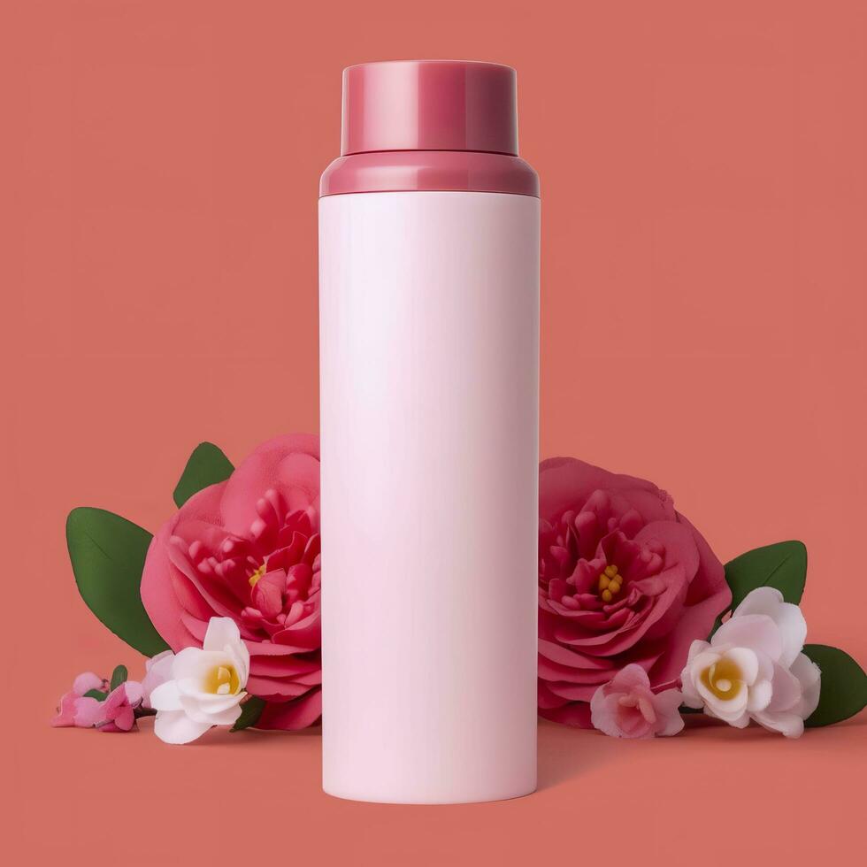 Amazonas Produkt Bild Körper waschen, Zylinder Flasche solide Farbe Rosa Hintergrund, mit Rosen, ai generativ foto