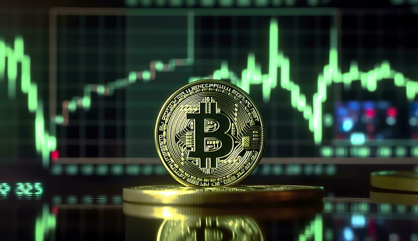 Bitcoin mit Grün Graph auf Computer Bildschirm Hintergrund, Krypto Währung Handel. ai generativ foto