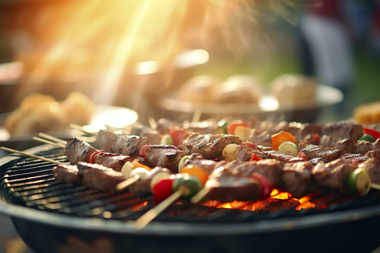 Grill Essen Party Sommer- Grillen Fleisch im das Nachmittag von Wochenende glücklich Party. ai generativ foto