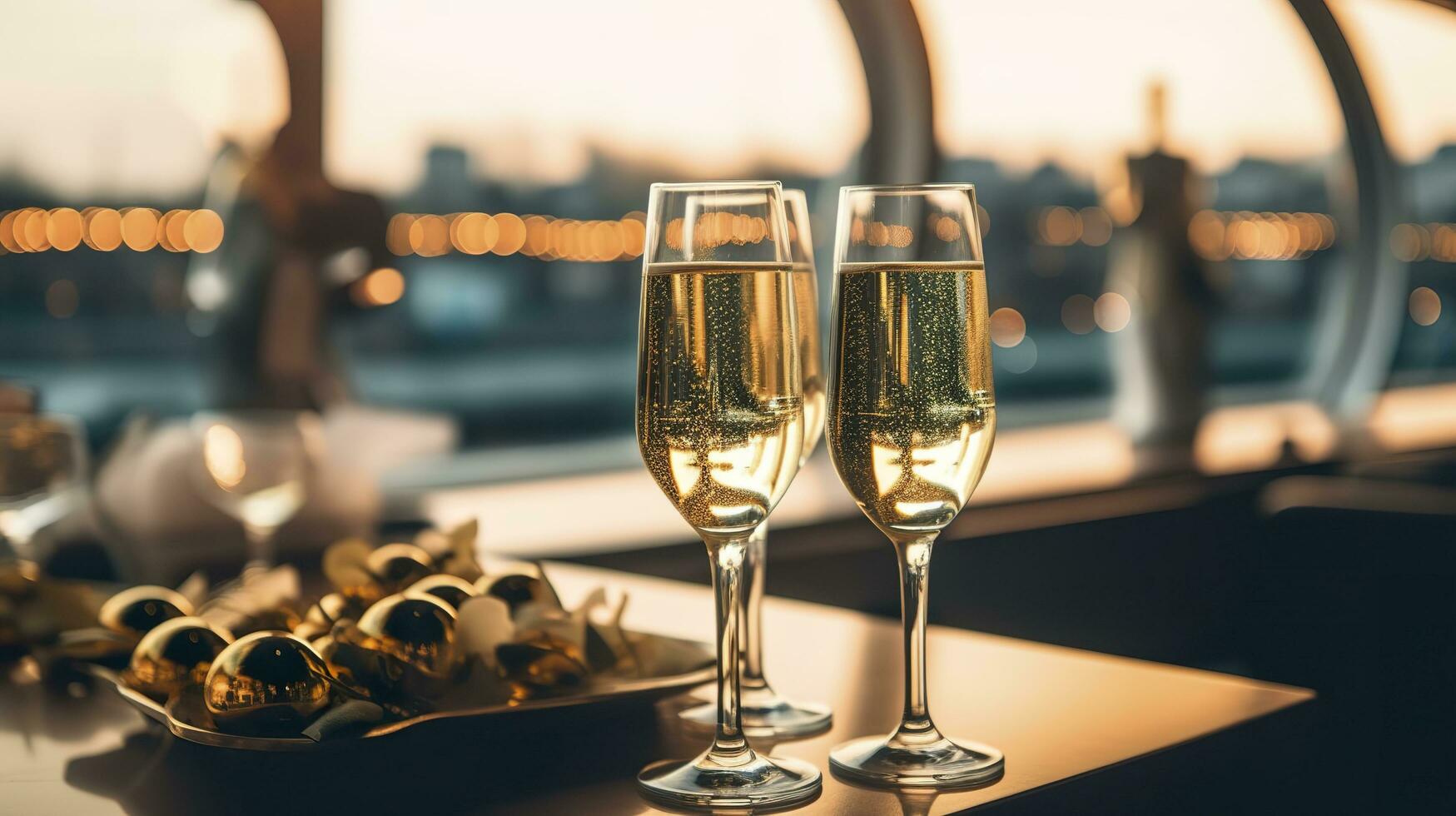Luxus Abend Party auf ein Kreuzfahrt Yacht mit ein Champagner Einstellung. Champagner Brille und Flaschen mit Champagner mit Bokeh Yacht im das Hintergrund, niemand. ai generativ foto