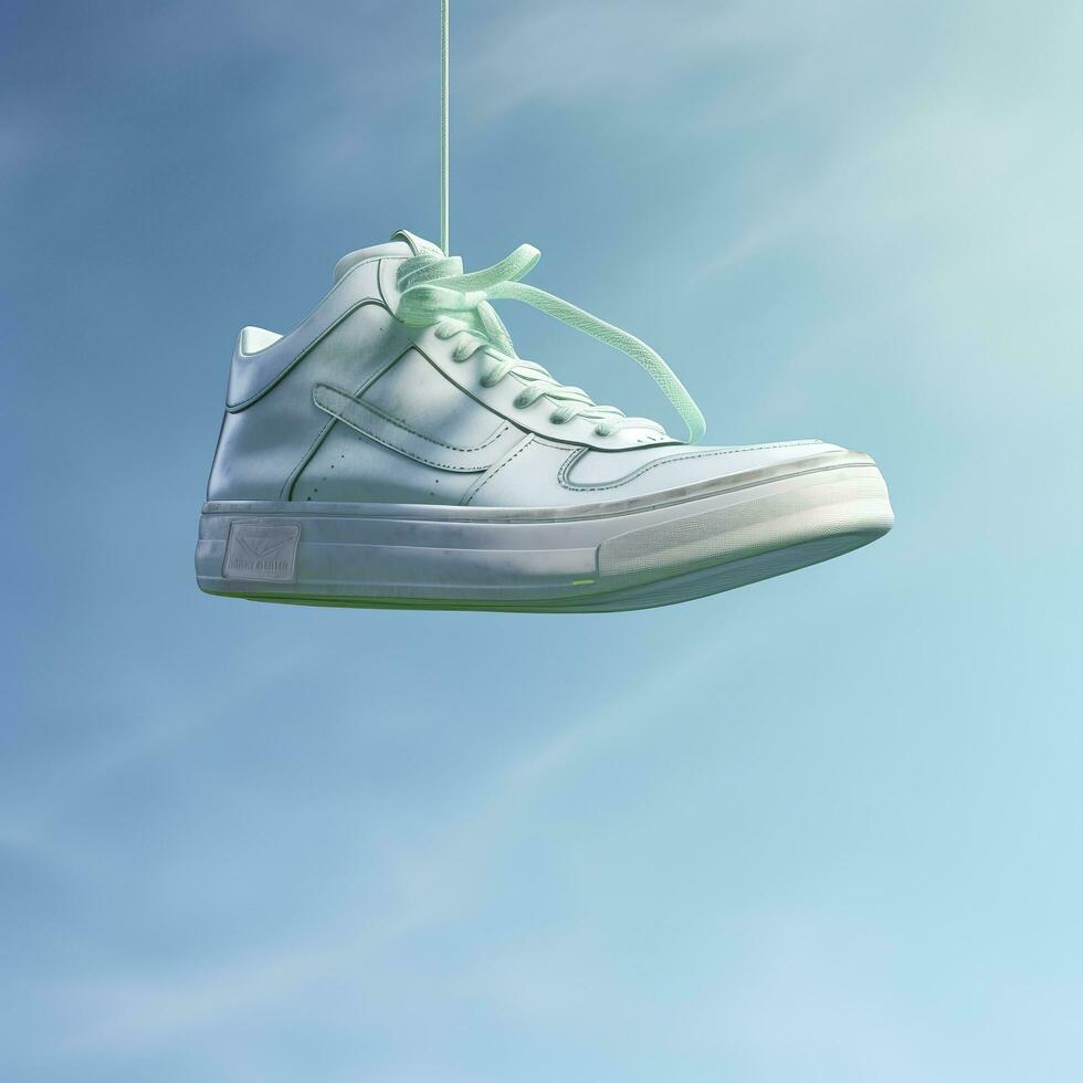 ein Weiss, Blau, und Grün beiläufig Schuh ist suspendiert im das Luft, im das Stil von dunstig, traumhaft Qualität, ai generativ foto