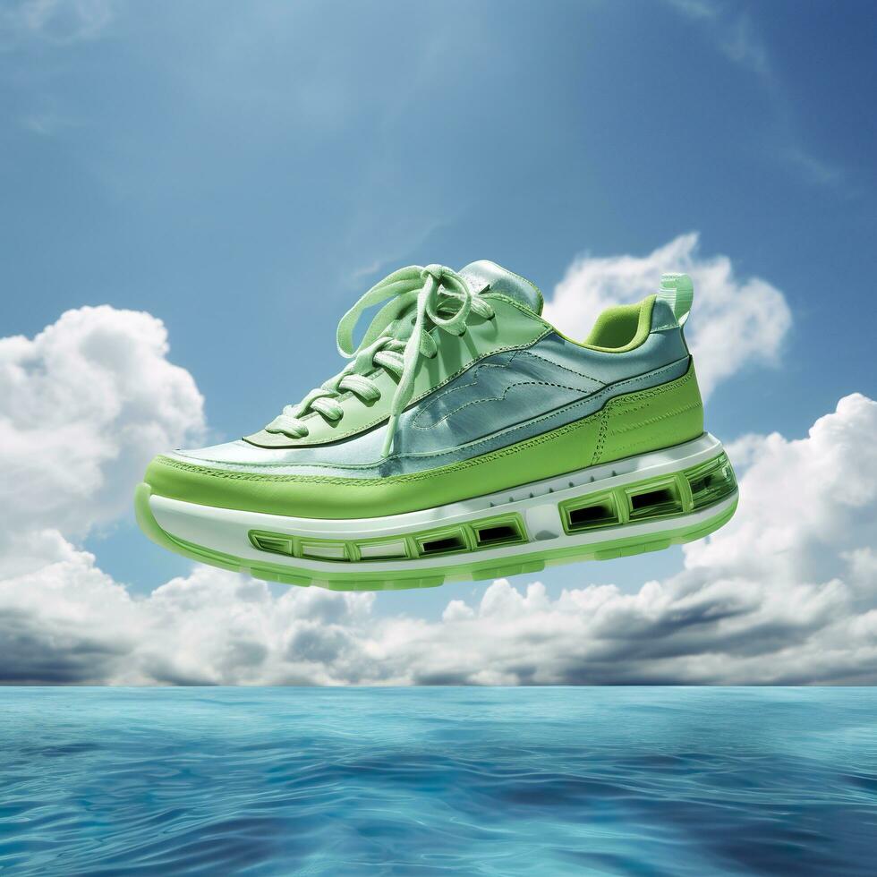 schließen oben Grün Sport Schuhe auf ein Blau Meer Niveau mit Blau Himmel und Weiß Wolken hell Licht Hintergrund. kreativ Werbung. ai generativ foto