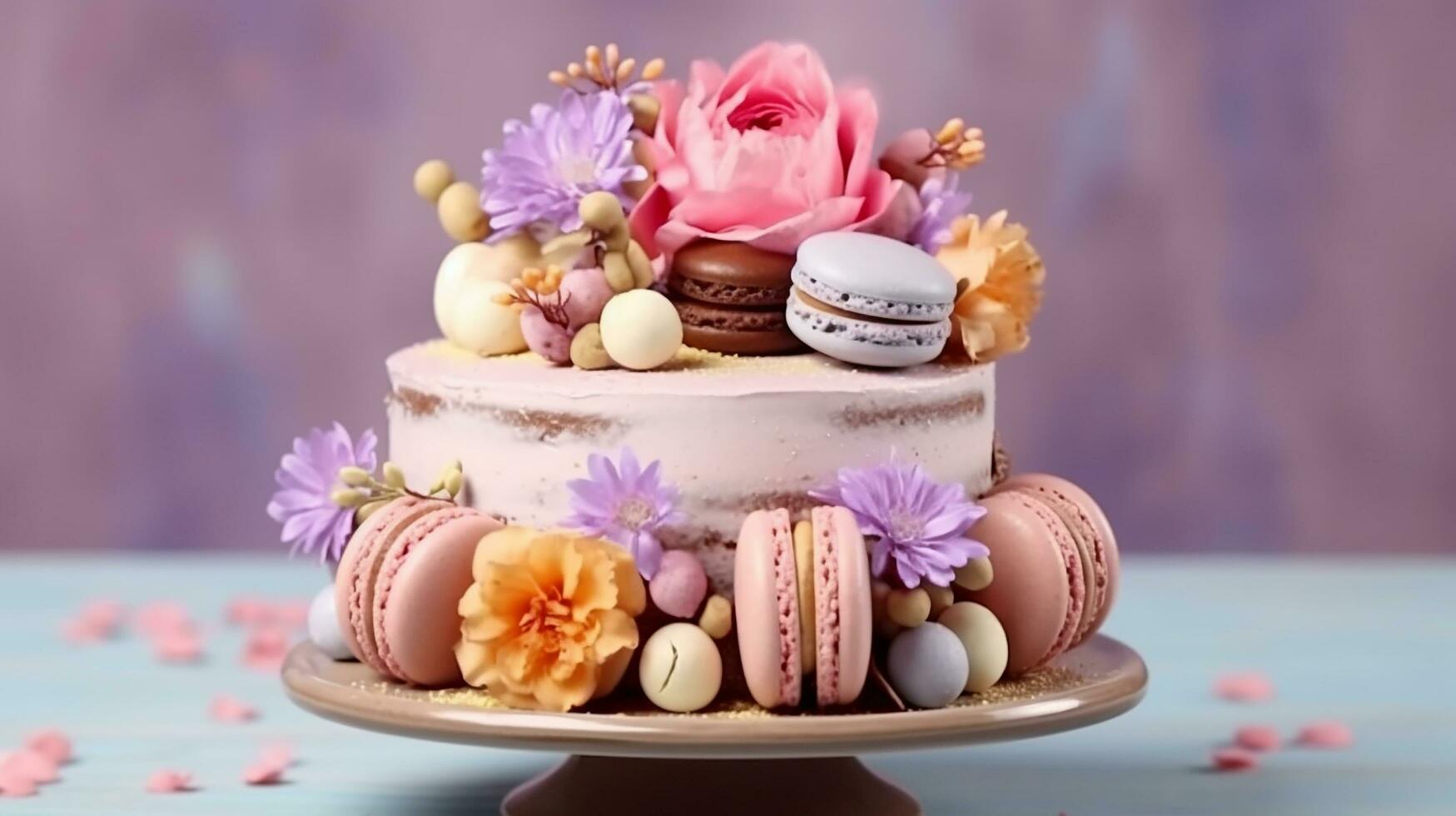 ai generativ Geburtstag Kuchen mit Kerzen auf verwischen Hintergrund Rosa Sie foto