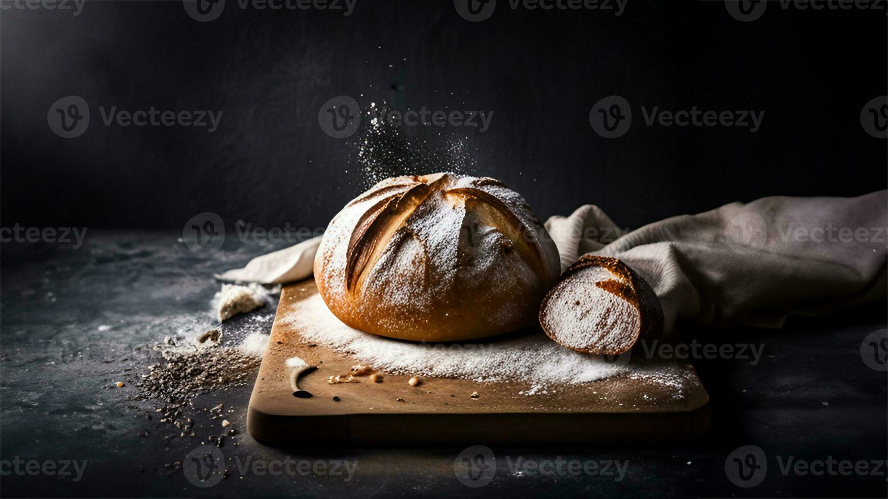 frisch gebacken Sauerteig Brot mit Zucker Pulver auf ein schwarz Hintergrund. ai generiert foto