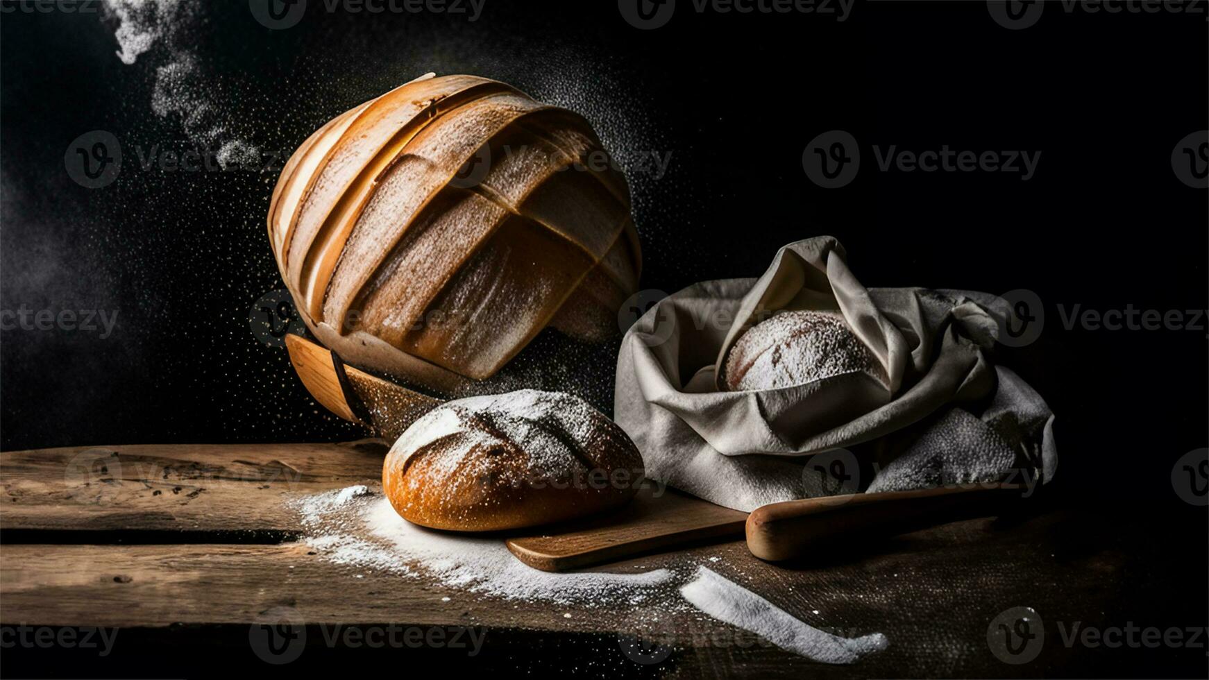 frisch gebacken Sauerteig Brot mit Zucker Pulver auf ein schwarz Hintergrund. ai generiert foto
