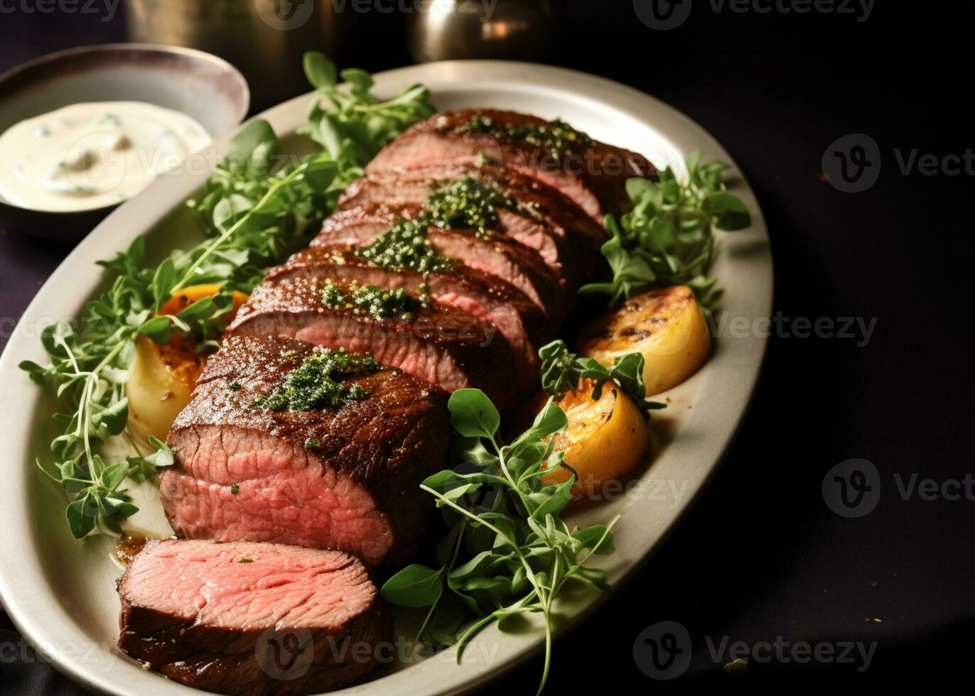 mit Gewürzen eingerieben Filet mit Senfcreme Soße, ai generiertfestlich Delikatessen foto