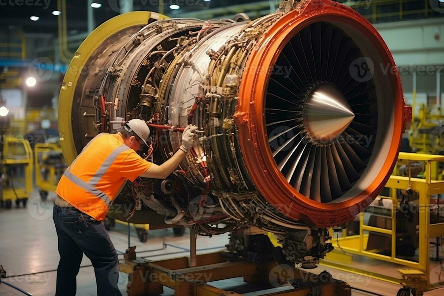 ein Ingenieur Arbeiten auf Turbine Motor zum kommerziell Fluggesellschaften ai generiert foto