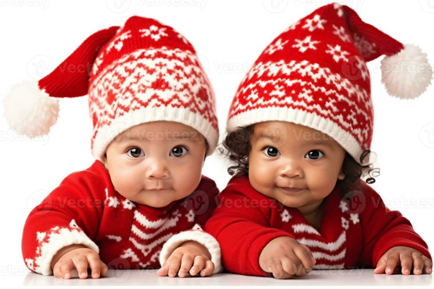 Porträt von süß vielfältig Babys auf ein Weihnachten thematisch Outfit foto