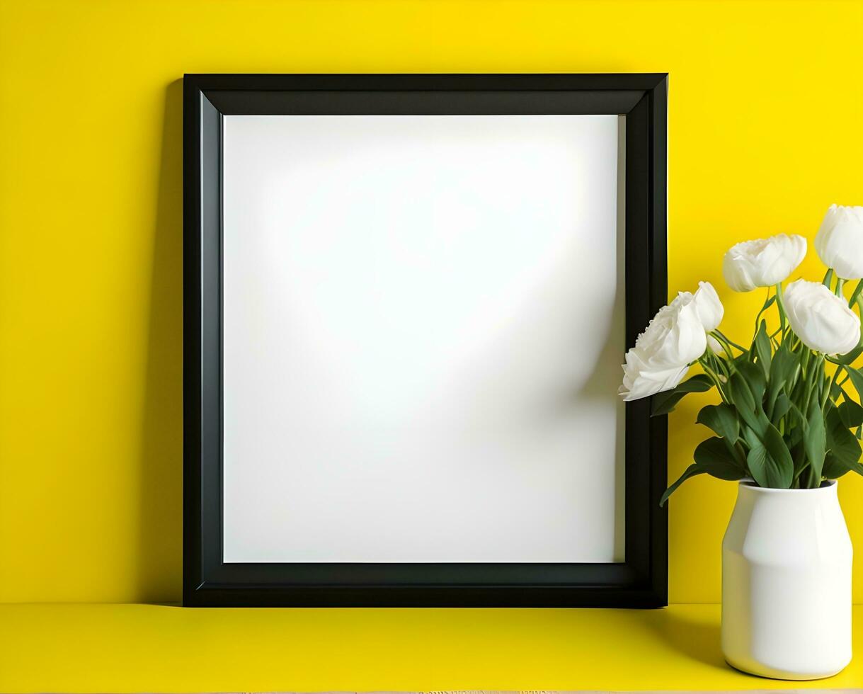 Weiß leer Rahmen Attrappe, Lehrmodell, Simulation auf Gelb Mauer und Blume ai generieren foto