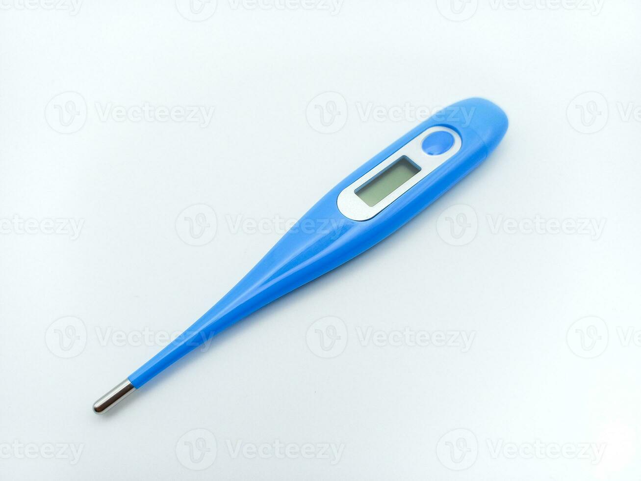 Blau Digital Thermometer isoliert auf Weiß Hintergrund. gekippt Aussicht foto