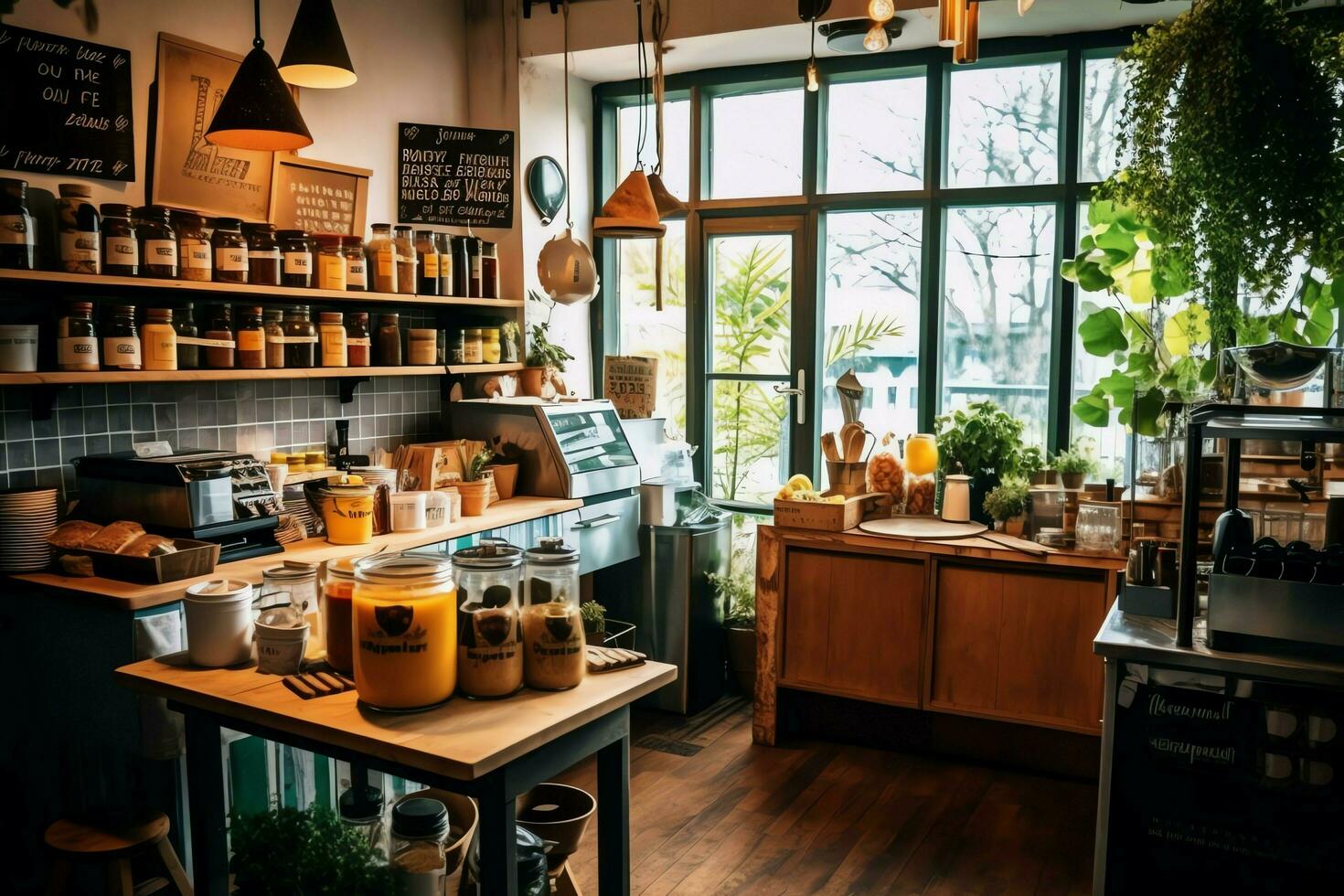 Innerhalb sauber Küche von ein modern Restaurant oder Mini Cafe mit Kochen Utensilien und klein Bar Zähler Konzept durch ai generiert foto