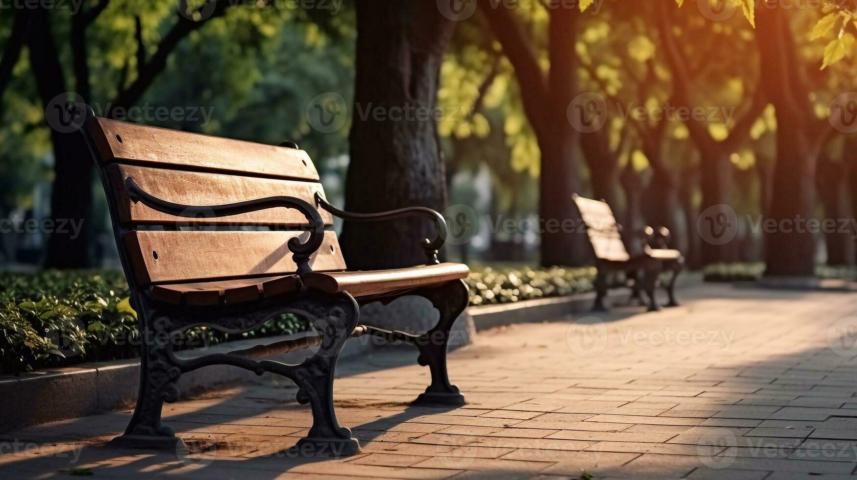 Bank im das Park selektiv Fokus auf Bank. Garten auf Hintergrund generativ ai foto