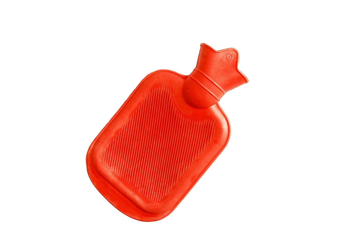 Orange Gummi Hitze Wasser Tasche oder heiß Wasser Tasche isoliert auf Weiß Hintergrund mit Ausschnitt Weg. diese Objekt zum enthalten heiß Wasser zum Hilfe zu lindern Verletzung, Bauch Schmerzen und machen Körper warm. foto