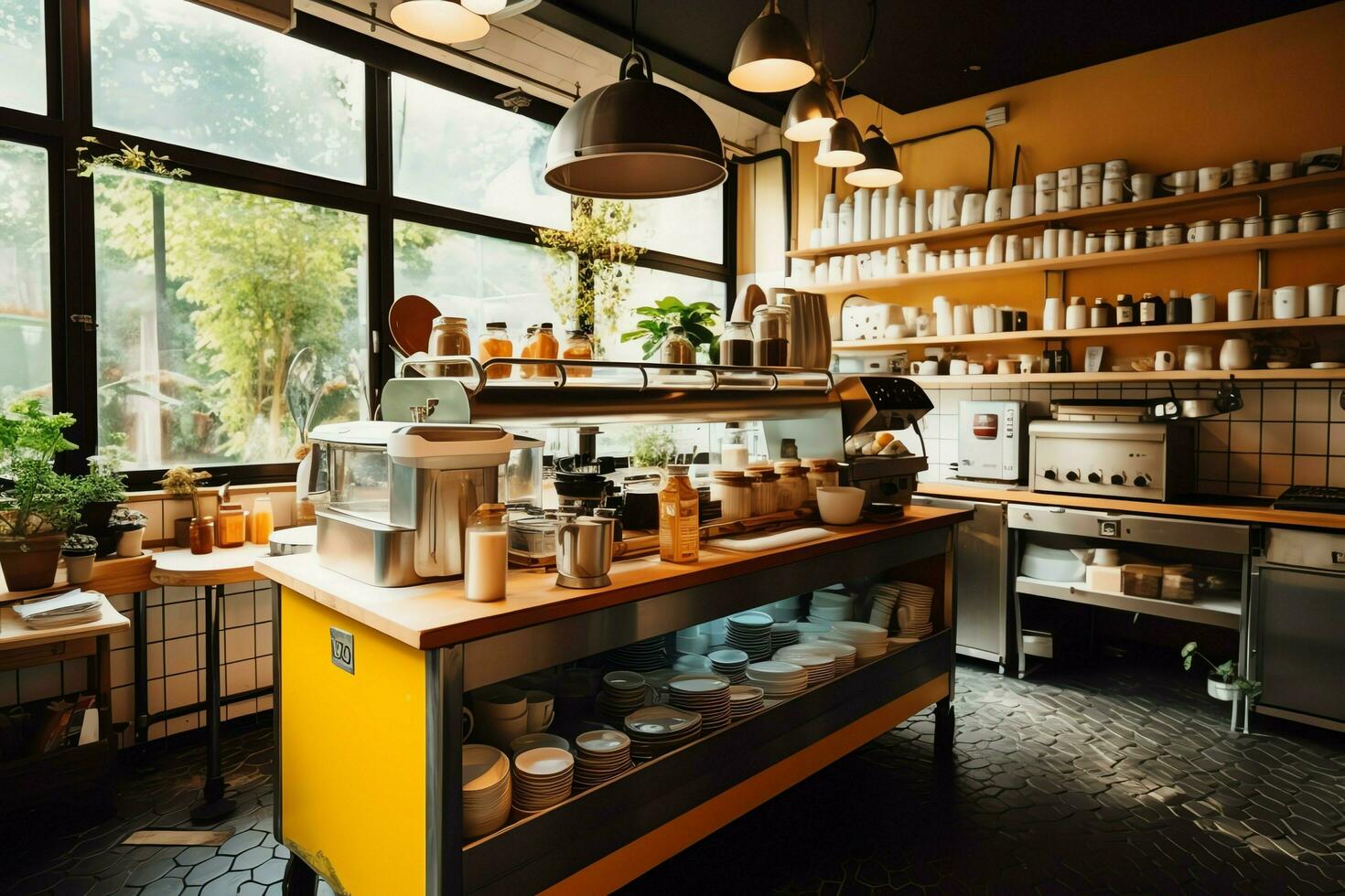 Innerhalb sauber Küche von ein modern Restaurant oder Mini Cafe mit Kochen Utensilien und klein Bar Zähler Konzept durch ai generiert foto