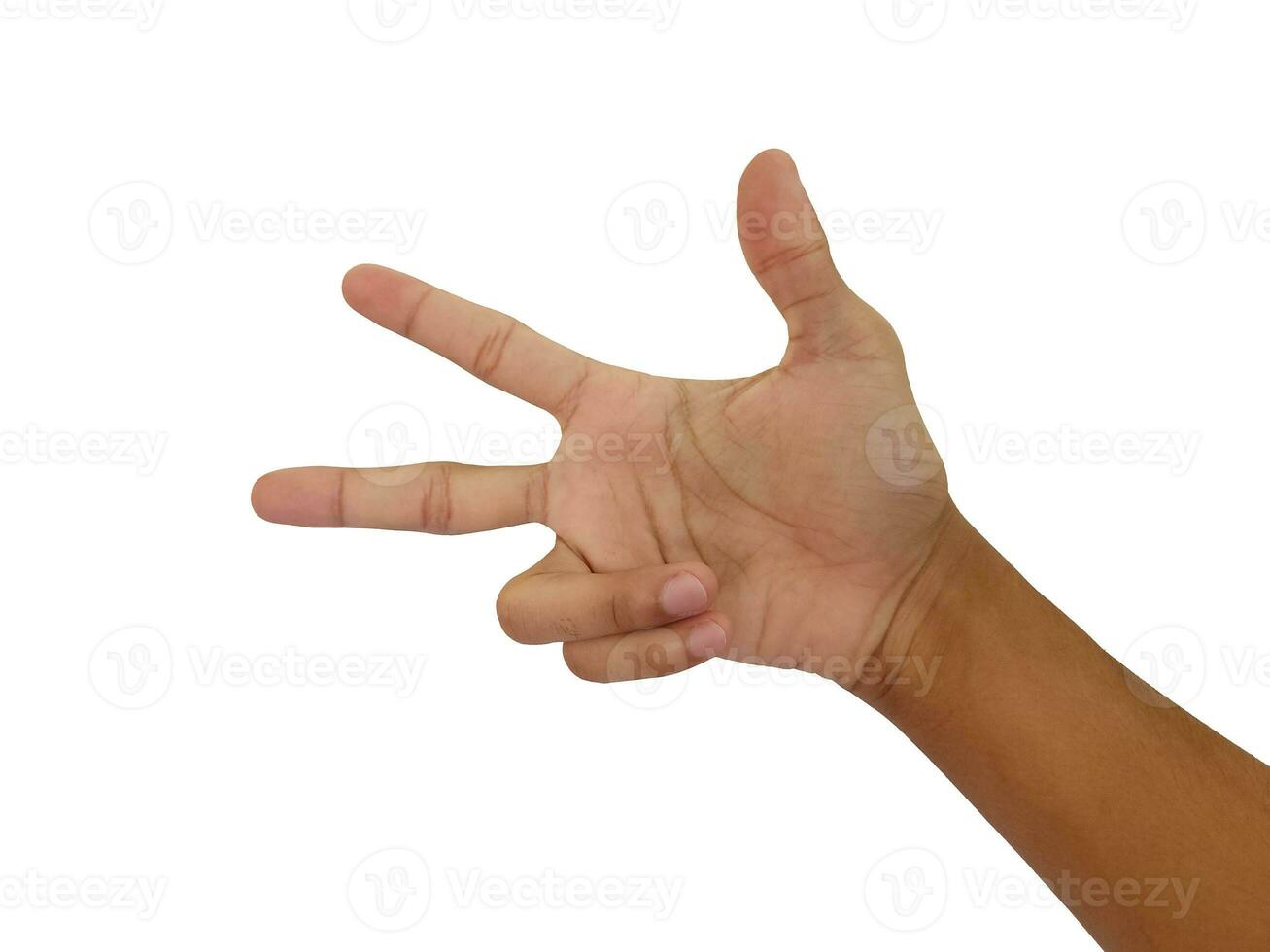 männlich Hand ist zeigen drei Finger isoliert auf Weiß Hintergrund foto