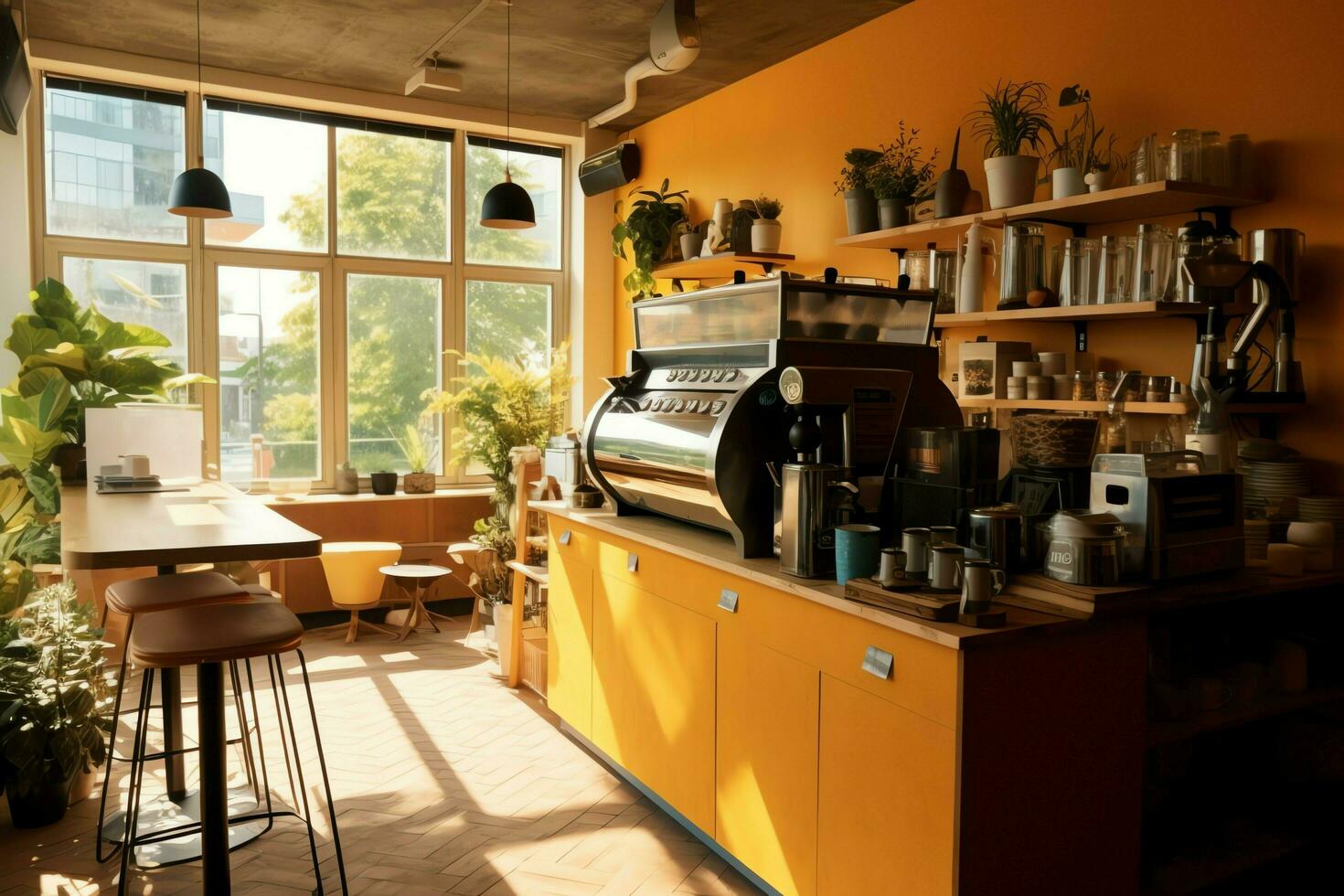 Innerhalb sauber Küche von ein modern Restaurant oder Mini Cafe mit Kochen Utensilien und klein Bar Zähler Konzept durch ai generiert foto