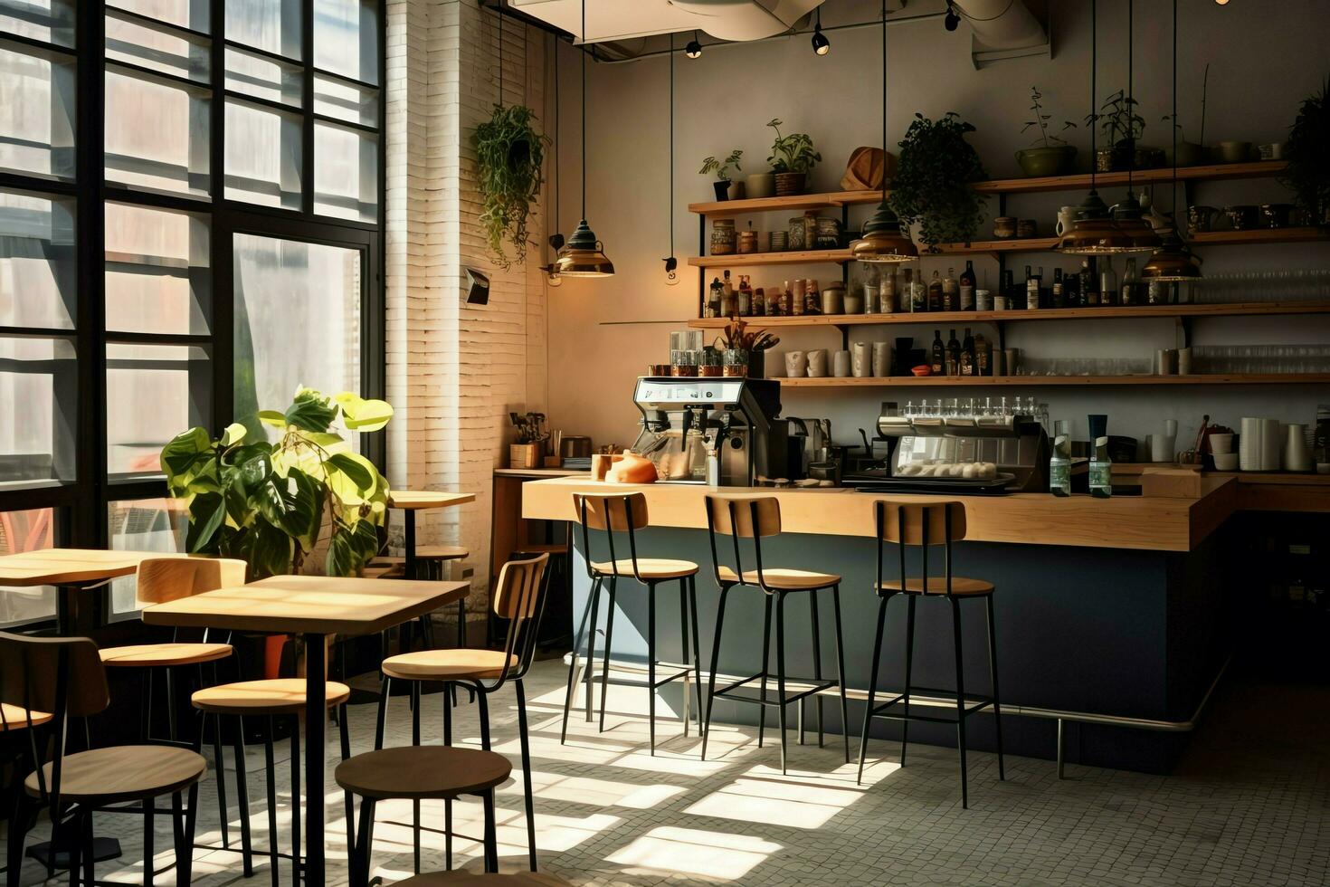 Innerhalb sauber Küche von ein modern Restaurant oder Mini Cafe mit Kochen Utensilien und klein Bar Zähler Konzept durch ai generiert foto