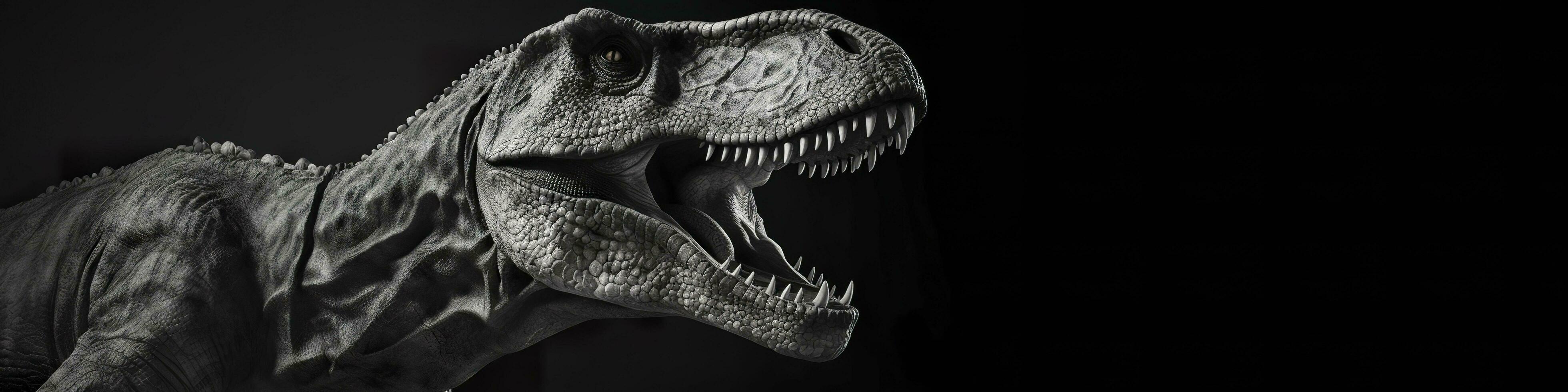 schwarz und Weiß fotorealistisch Studio Porträt von ein Tyrannosaurus rex auf schwarz Hintergrund. generativ ai foto