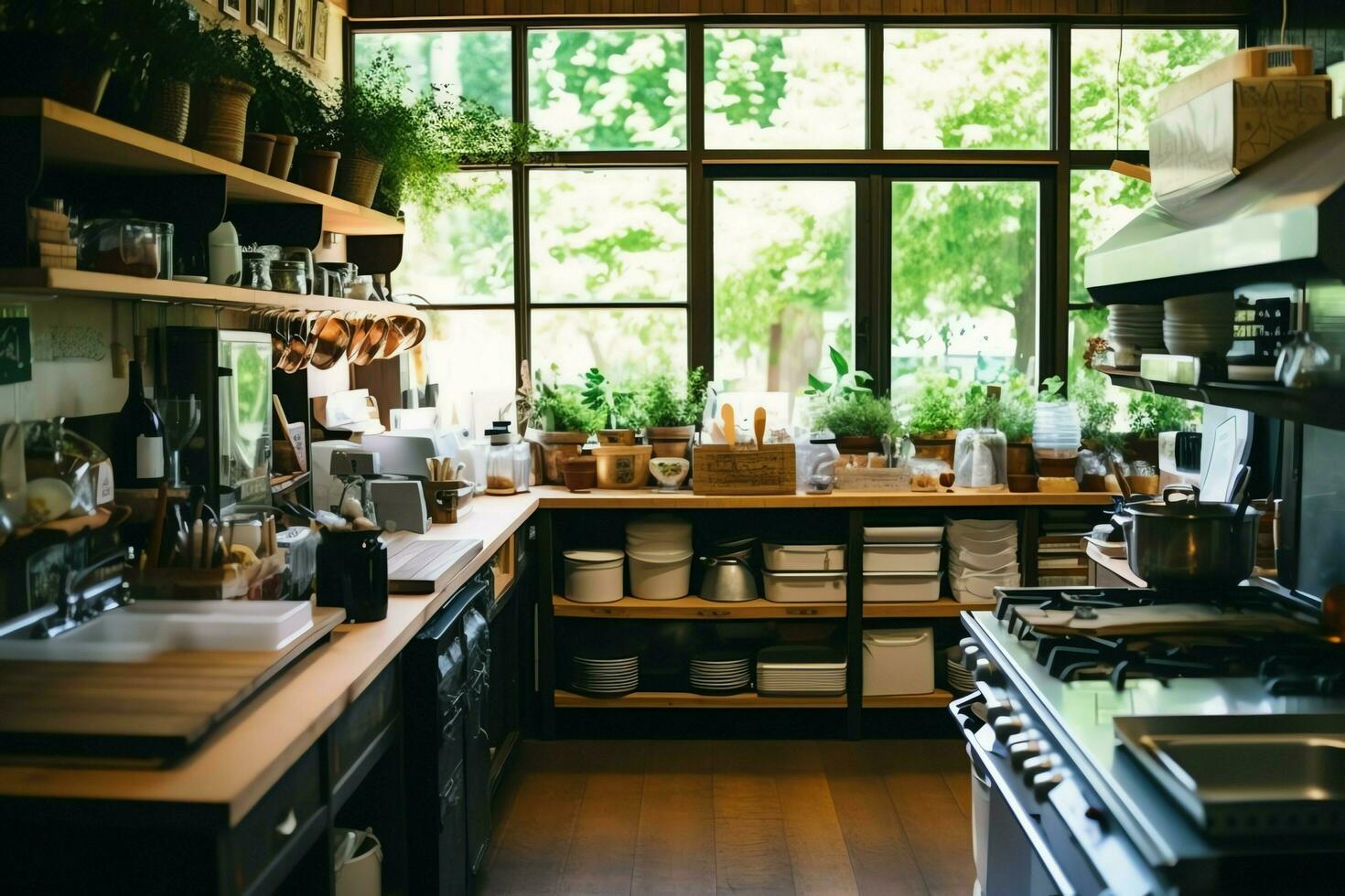 Innerhalb sauber Küche von ein modern Restaurant oder Mini Cafe mit Kochen Utensilien und klein Bar Zähler Konzept durch ai generiert foto