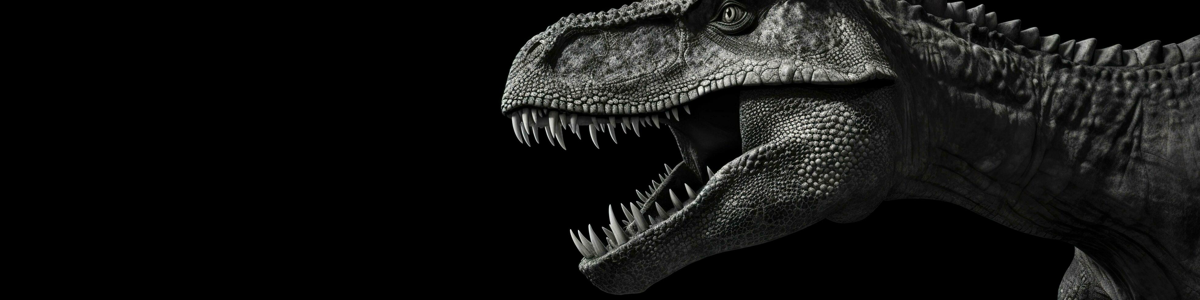 schwarz und Weiß fotorealistisch Studio Porträt von ein Tyrannosaurus rex auf schwarz Hintergrund. generativ ai foto