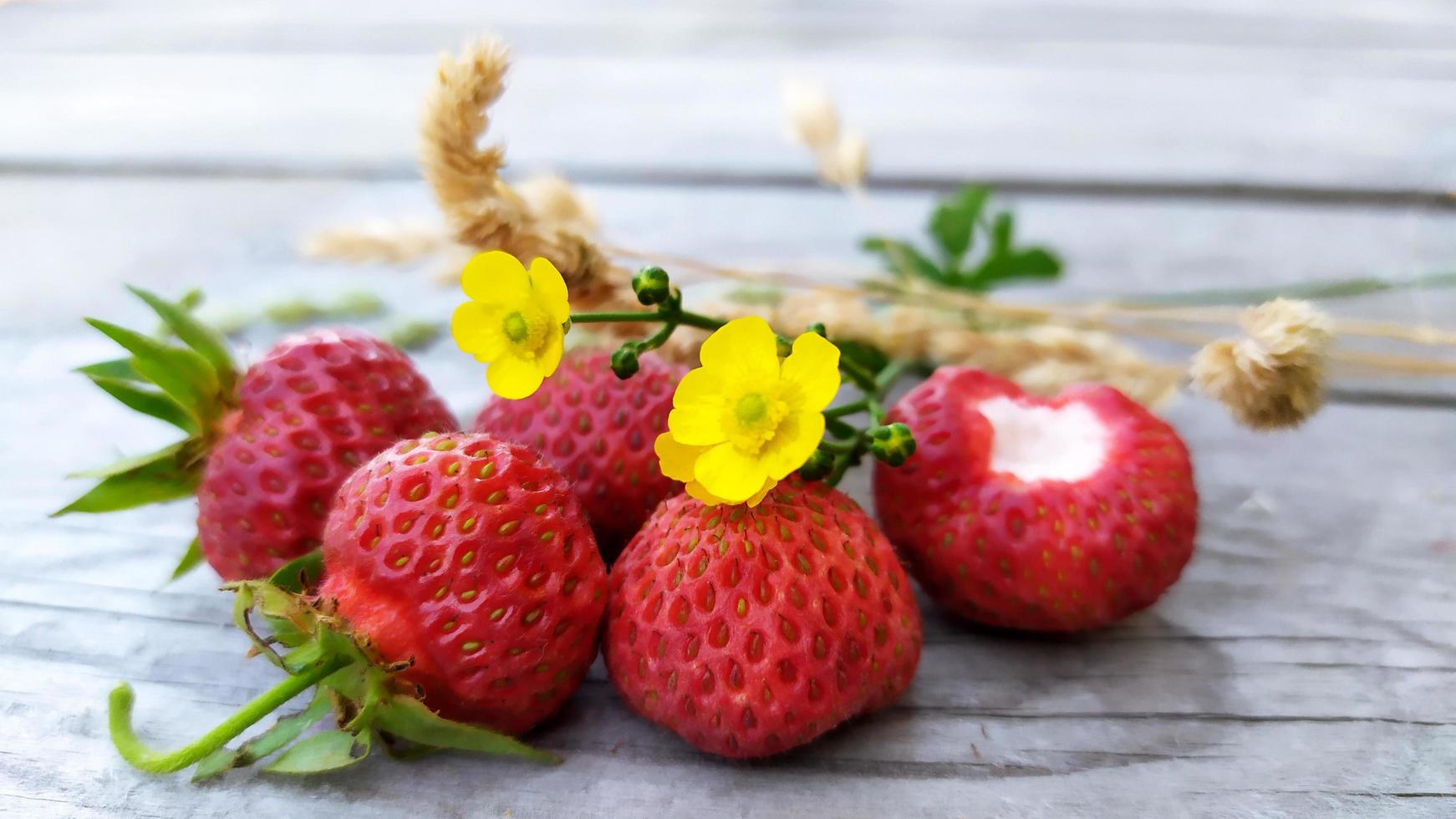 Nahaufnahme Erdbeeren mit trockenen gelben Zweigen Segge foto