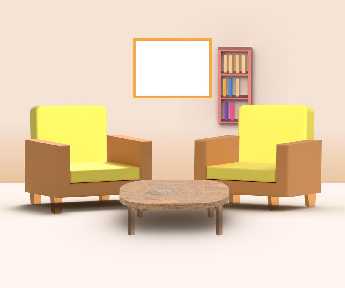 3d Leben Zimmer Innere Design mit Sofa Tisch und Fernsehen oder 3d Innere Illustration foto