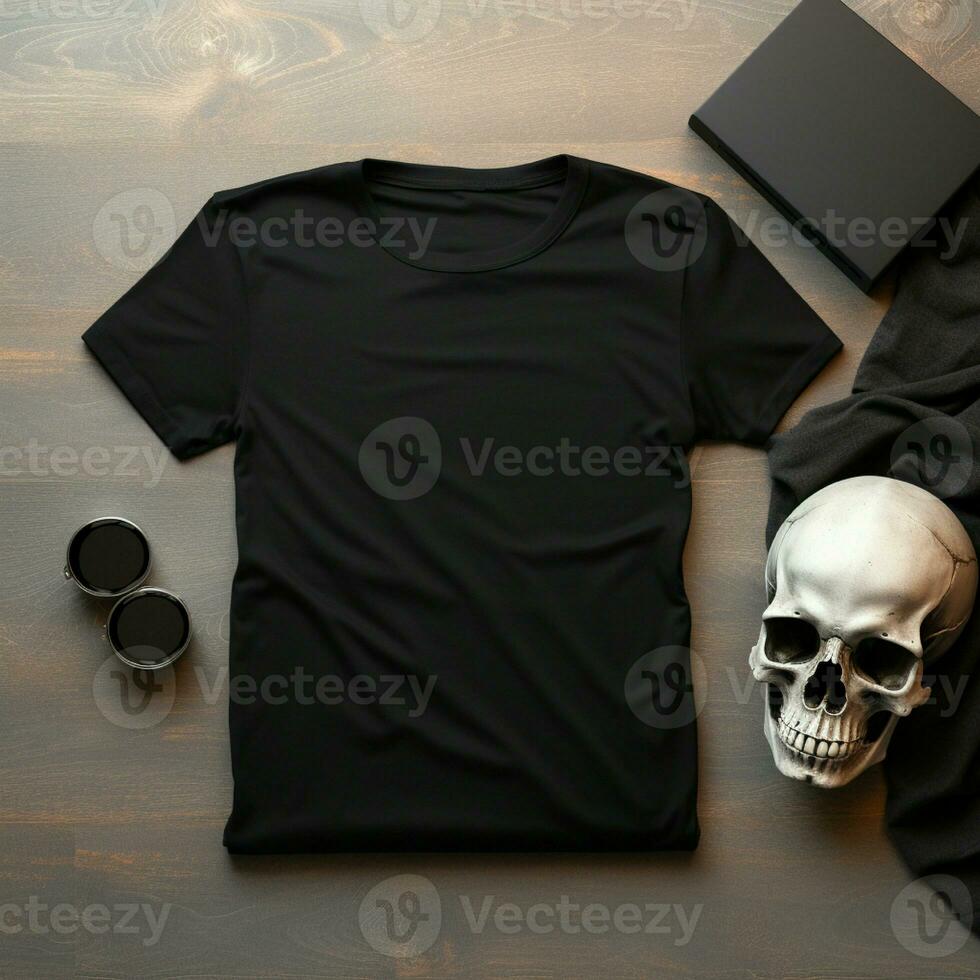 ai generiert ein leer schwarz t - - Hemd Lügen im ein Schlafen Position auf ein Tisch, oben Sicht, neben es ein realistisch Mensch Schädel foto
