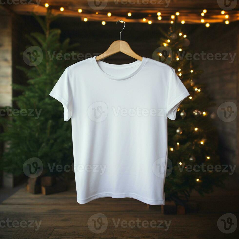 ai generiert Weiß leer t - - Hemd hängend auf das Weihnachten Baum foto
