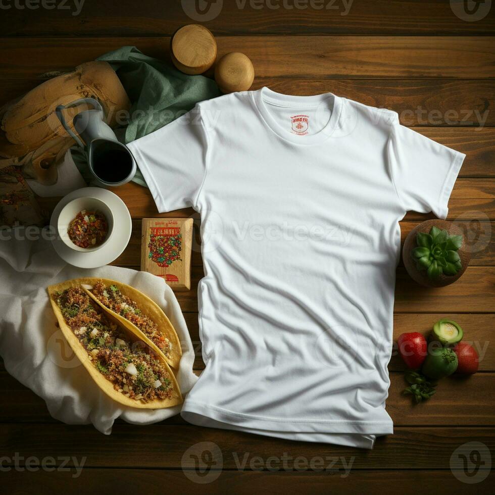 ai generiert leer Weiß t - - Hemd Lügen im ein Schlafen Position auf ein Tisch, oben Aussicht mit mehrere Tacos Essen foto