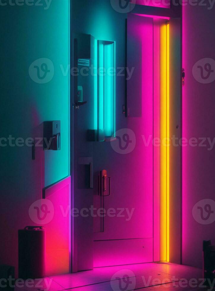 3d Rendern von ein geschlossen Tür im ein hell Zimmer mit Neon- Beleuchtung foto
