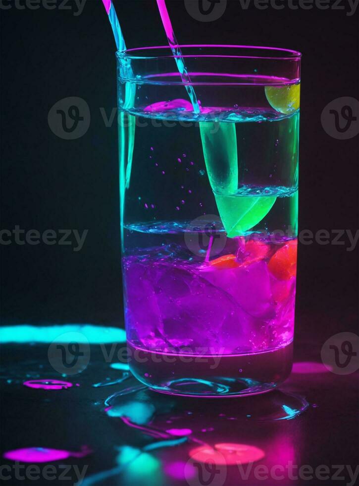 bunt Eis Würfel planschen in ein Glas von Wasser im Neon- Licht foto