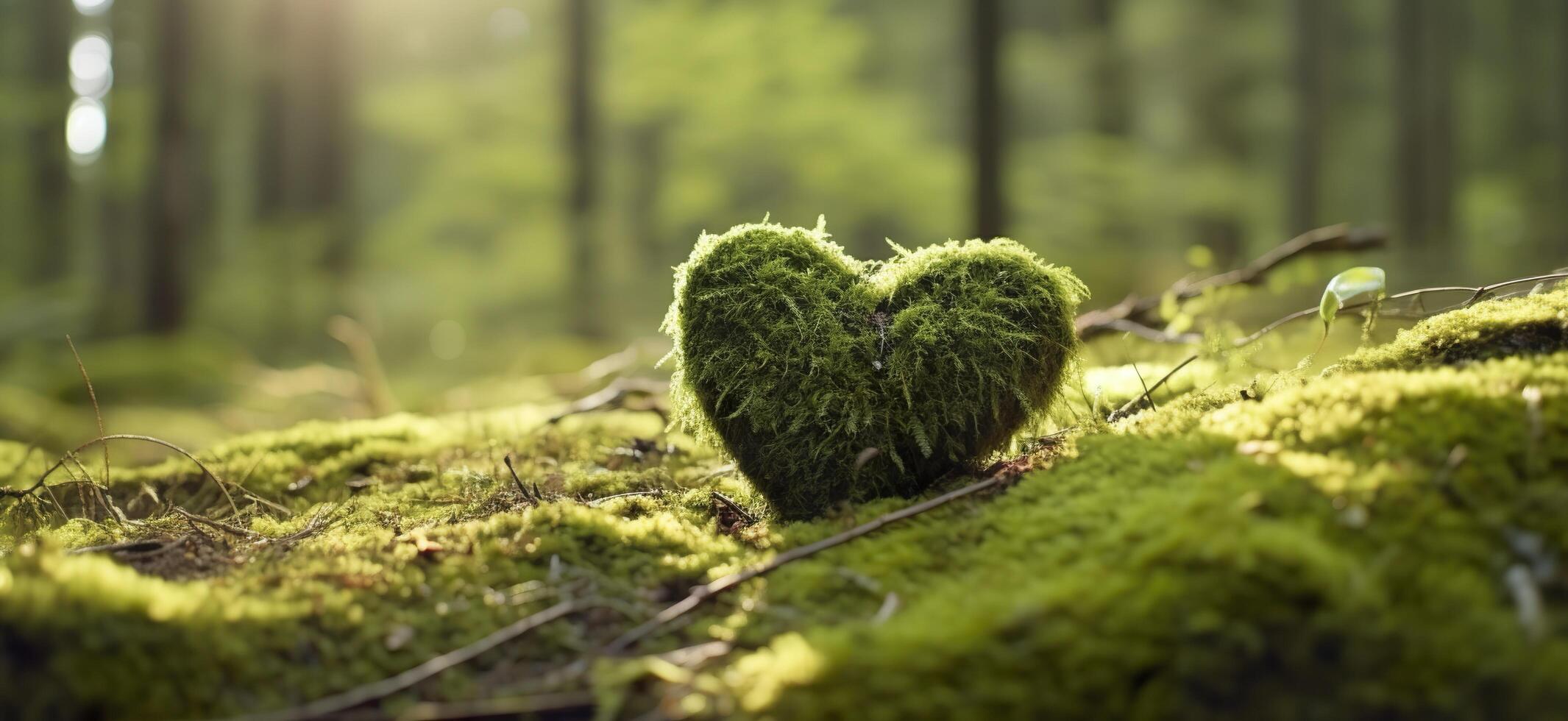 Nahansicht von hölzern Herz auf Moos. natürlich Beerdigung Grab im das Wald. generativ ai foto