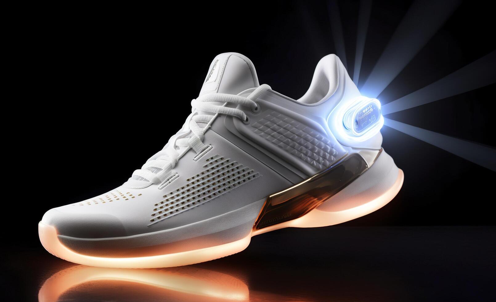 futuristisch Mode Original Turnschuhe. Zukunft Design von stilvoll Sport Schuhe mit Neon- glühen, futuristisch städtisch Ästhetik. Sportbekleidung, Stil und Mode, Morgen Schuhwerk. ai generativ foto