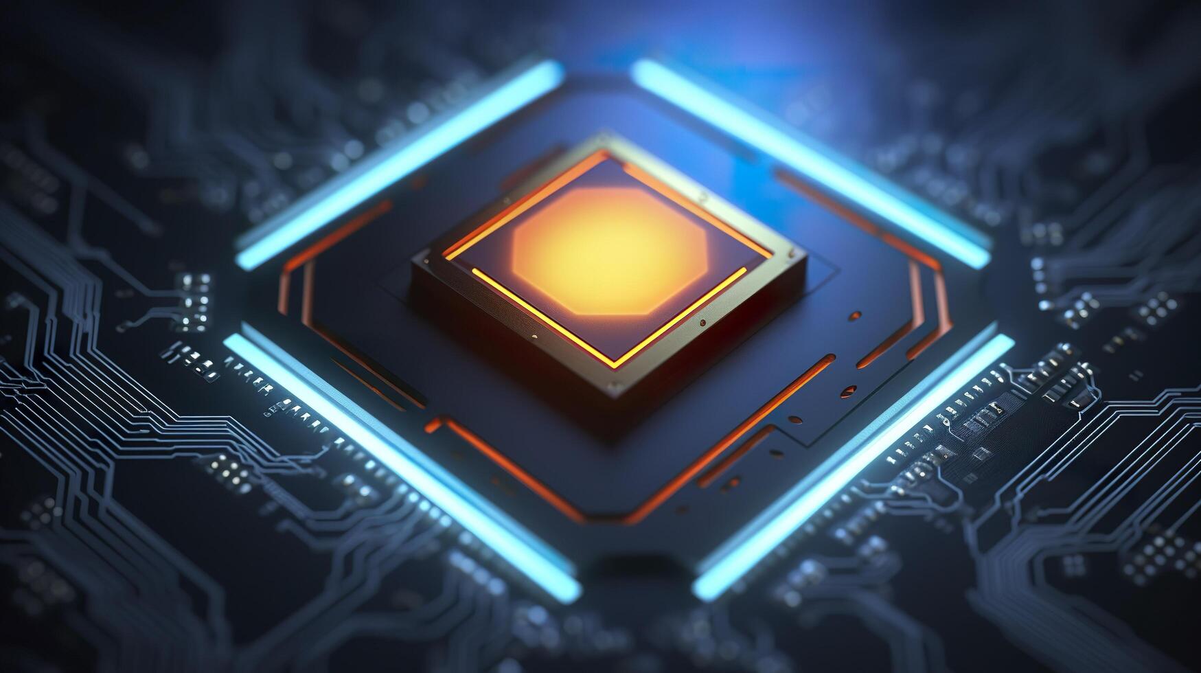 oben Aussicht von ein Chip mit glühend Licht und Nebel im Orange und Blau. ai generativ foto