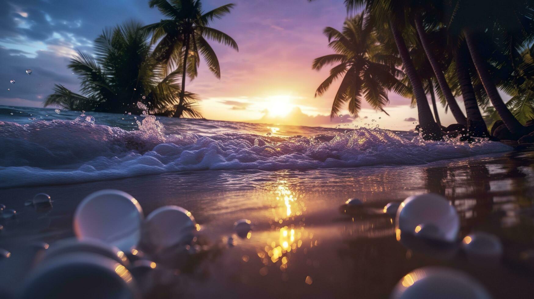 Strand mit Wellen und Kokosnuss Bäume beim Sonnenuntergang. generativ ai foto