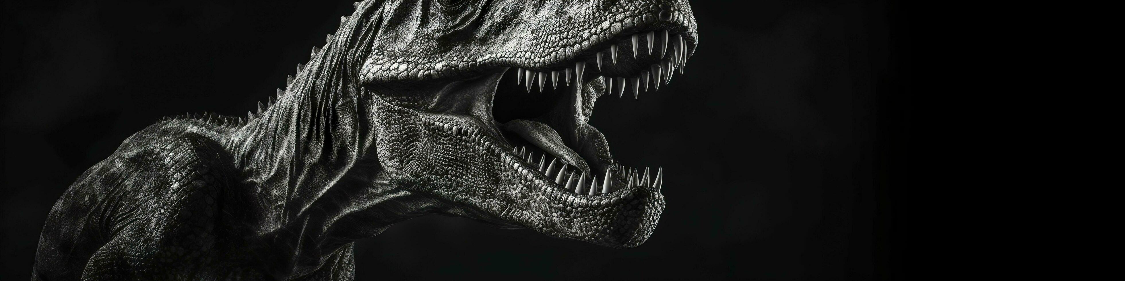 schwarz und Weiß fotorealistisch Studio Porträt von ein Tyrannosaurus rex auf schwarz Hintergrund. generativ ai foto